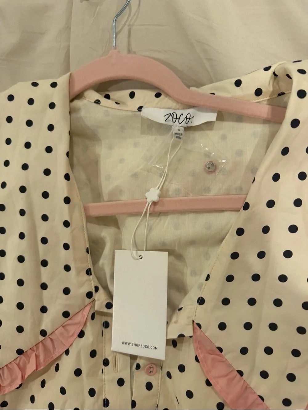Polka Dot Button-Front Blouse Dress with Pink Trim Collar